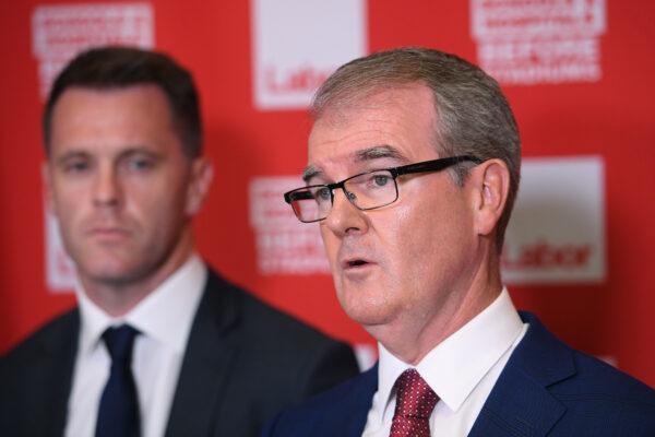 NSW Labor MP Michael Daley, along with MP Chris Minns (left) addresses the media in Sydney, Australia, on Jan. 31, 2019. (AAP Image/Dan Himbrechts)