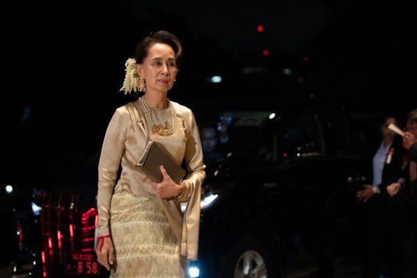 Burma's leader, Aung San Suu Kyi, arrives at the Imperial Palace for the court banquet in Tokyo, Japan, on Oct. 22, 2019. (Pierre Emmanuel Deletree/POOL/AFP via Getty Images)