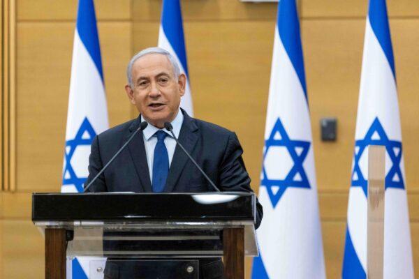 Israeli Prime Minister Benjamin Netanyahu delivers a political statement in the Knesset, in Jerusalem, Israel, on May 30, 2021. (Yonatan Sindel/Pool via Reuters)