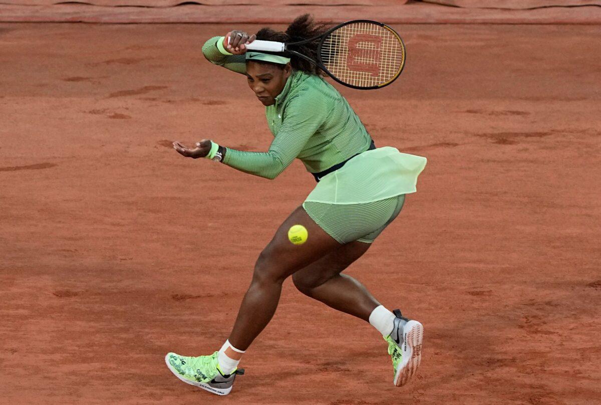 United States Serena Williams plays a return to Romania's Irina-Camelia Begu during their first round match on day two of the French Open tennis tournament at Roland Garros in Paris, France, Monday, May 31, 2021. (Michel Euler/AP Photo)