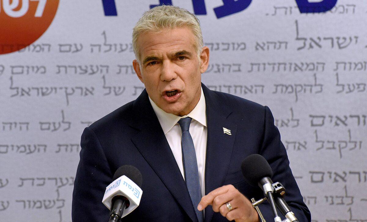 Israel's centrist opposition leader Yair Lapid delivers a statement to the press at the Knesset in Jerusalem, Israel, on May 31, 2021. (Debbie Hill/POOL/AFP via Getty Images)