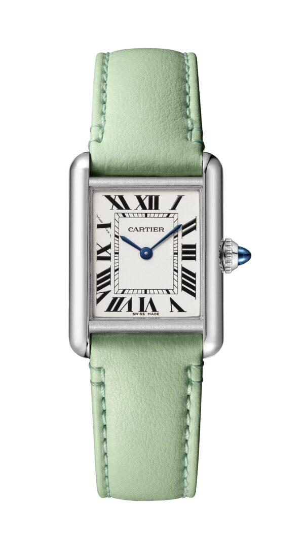 A Cartier Tank Must watch, with the strap made from recycled apples. (Courtesy of Cartier)