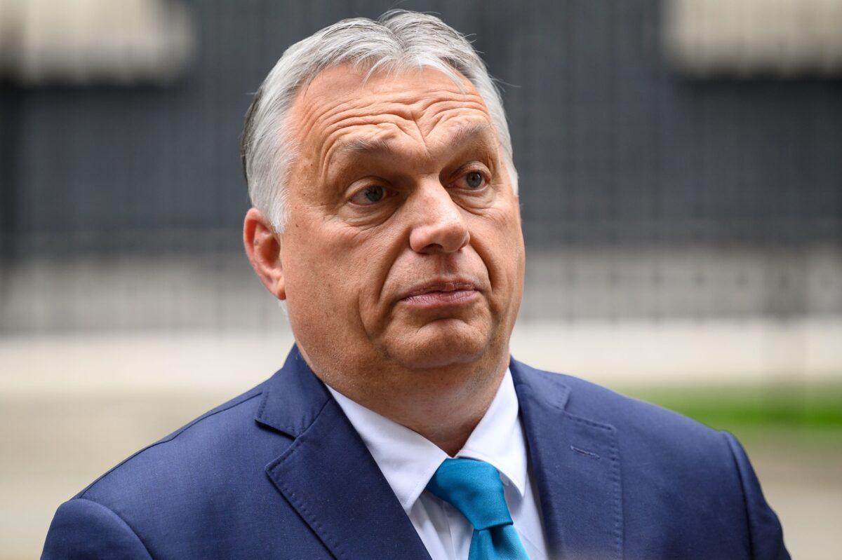 Hungarian Prime Minister Viktor Orbán speaks to the media at Downing Street in London, on May 28, 2021. (Leon Neal/Getty Images)