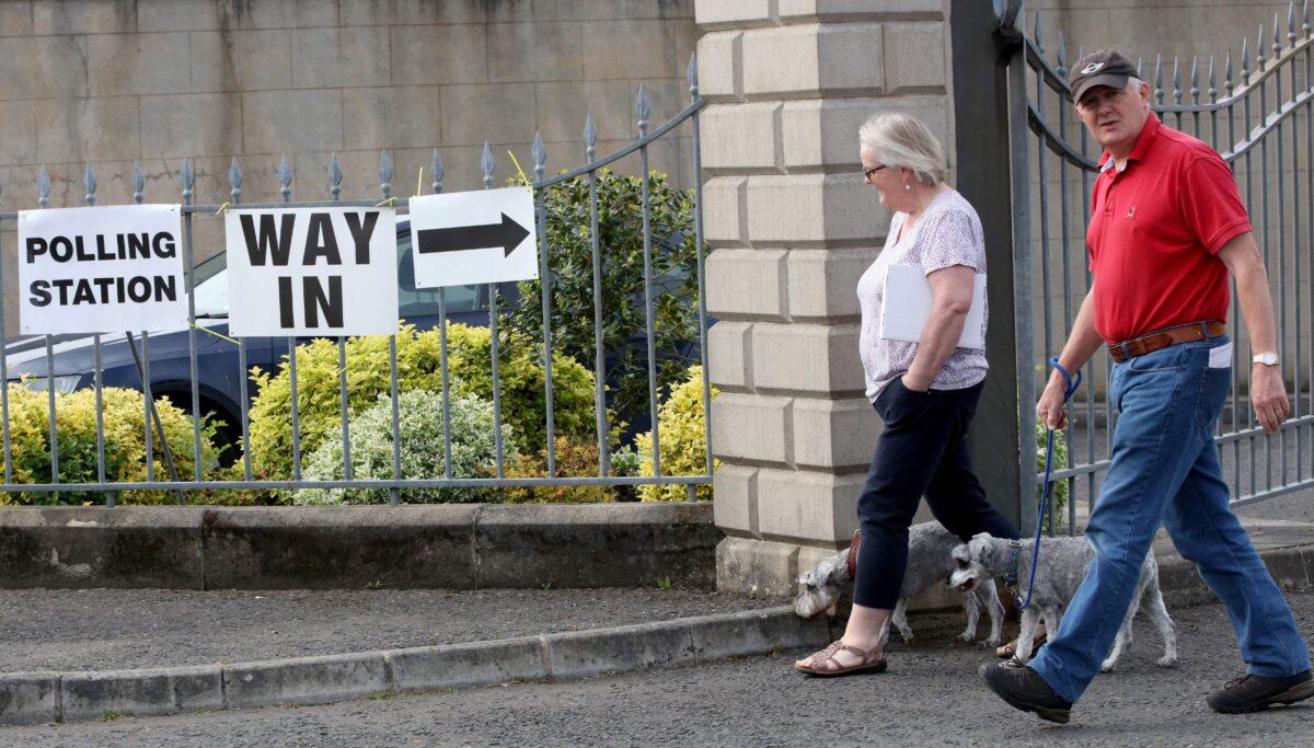 People leave a polling station after voting in the European Parliament elections at Bannside Presbyterian Church in Banbridge Co Down, Northern Ireland, on May 23, 2019. (Paul Faith/AFP via Getty Images)