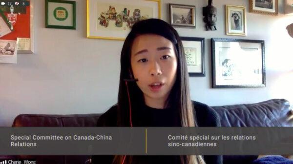 Cherie Wong, executive director of the Alliance Canada Hong Kong, testifies before the House of Commons Committee on Canada-China Relations on May 31, 2021. (Screenshot via parlvu.parl.gc.ca)