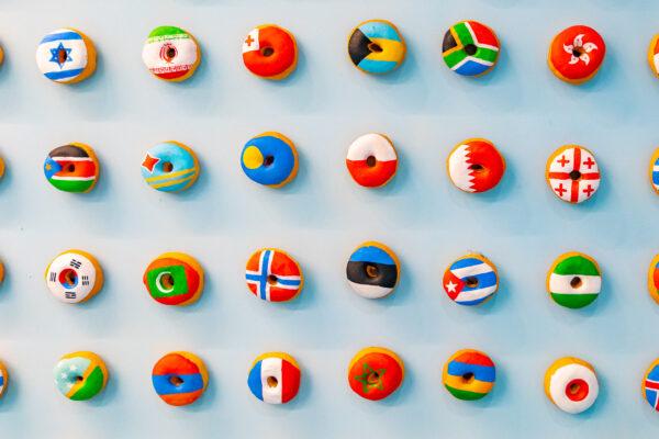 An exhibit of doughnuts decorated as flags in the Donut Life Museum in Westminster, Calif., on May 28, 2021. (John Fredricks/The Epoch Times)