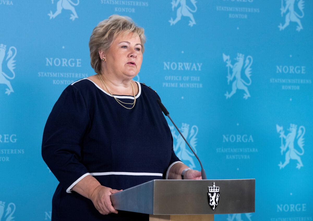 Norway's Prime Minister Erna Solberg speaks during a news conference in Oslo, Norway, on Sept, 3, 2020. (Berit Roald/NTB Scanpix via Reuters)