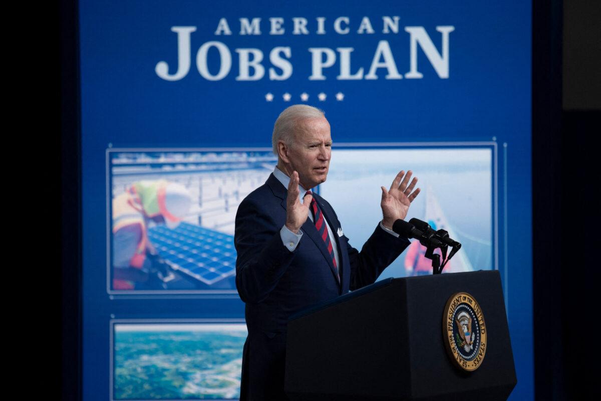 President Joe Biden speaks about infrastructure investment from the Eisenhower Executive Office Building on the White House in Washington on April 7, 2021. (Brendan Smialowski/AFP via Getty Images)