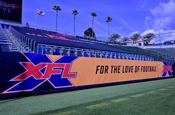 XFL banner is seen at Dignity Health Sports Park in Carson, Calif., on March 8, 2020. (John McCoy/Getty Images)