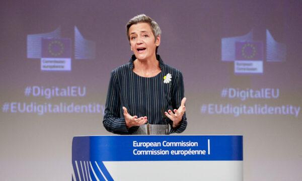 European Commission Vice President for A Europe Fit for the Digital Age Margrethe Vestager gives a press conference with the EU commissioner for internal market on establishing a European digital identity framework at the European Commission, in Brussels on June 3, 2021. (Stephanie Lecocq/Pool/AFP via Getty Images)