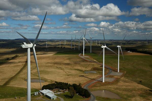 Taralga Wind Farm over farmland in Taralga, New South Wales, Australia, on Aug. 31, 2015. (Mark Kolbe/Getty Images)