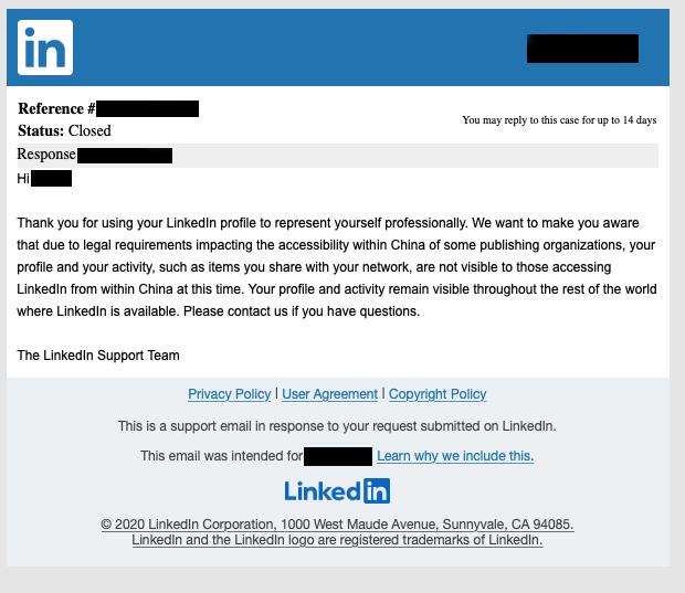 A redacted LinkedIn message received by employees of The Epoch Times on June 3, 2021. (Screenshot via LinkedIn)