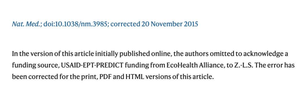 Excerpt from a <a href="https://www.nature.com/articles/nm0416-446d">correction</a> issued on the controversial 2015 gain-of-function study. (Screenshot via Nature.com)