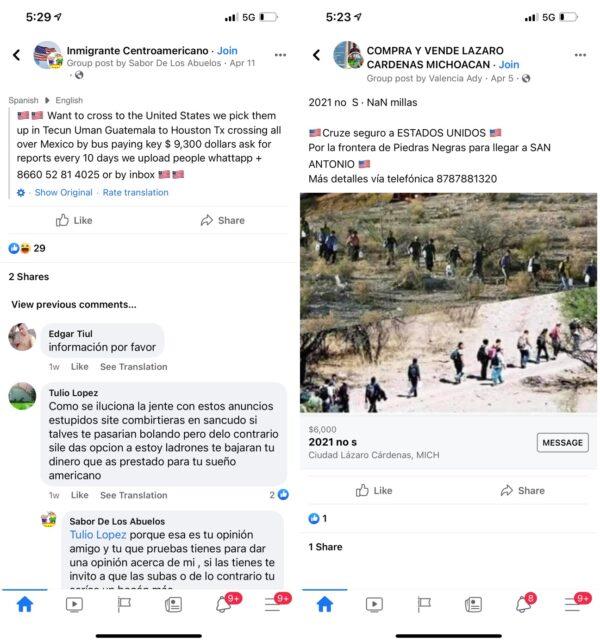 Screenshots of Facebook posts that appear to advertise illegal border crossing services. (Facebook/Rep. Kat Cammack's office)