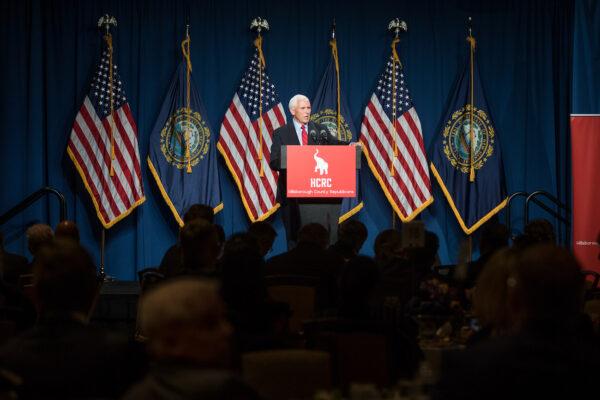 Former Vice President Mike Pence addresses the GOP Lincoln-Reagan Dinner in Manchester, New Hampshire, on June 3, 2021. (Scott Eisen/Getty Images)