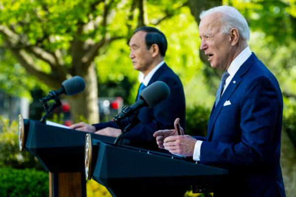 U.S. President Joe Biden (R) and Prime Minister Yoshihide Suga of Japan hold a news conference in the Rose Garden of the White House in Washington, D.C. The two leaders met to discuss issues including human rights, China, supply chain resilience, and other topics on April 16, 2021. (Doug Mills-Pool/Getty Images)