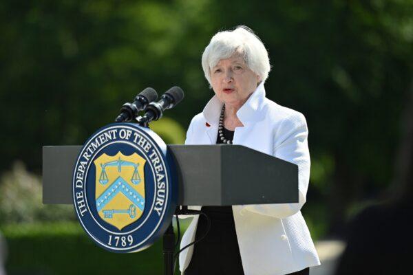 U.S. Treasury Secretary Janet Yellen speaks during a news conference after attending the G7 finance ministers meeting, at Winfield House in London, on June 5, 2021. (Justin Tallis/Pool via Reuters)
