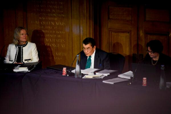 Sir Geoffrey Nice, who chairs the independent Uyghur Tribunal, at Church House, in London, UK, on June 4, 2021. (Alberto Pezzali/AP Photo)