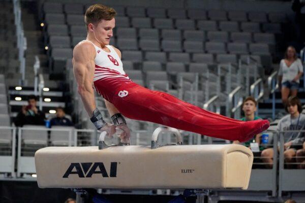 Allan Bower competes on the pommel horse during the U.S. Gymnastics Championships, in Fort Worth, Texas, on June 5, 2021. (Tony Gutierrez/AP Photo)