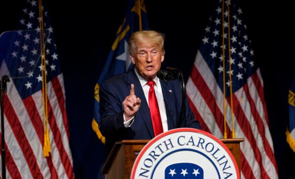 Former President Donald Trump addresses the NCGOP state convention in Greenville, N.C., on June 5, 2021. (Melissa Sue Gerrits/Getty Images)