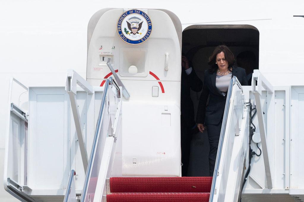 US Vice President Kamal Harris walks off Air Force Two at Andrews Air Force Base, Maryland, after her plane was forced to return to base due to a technical issue, on June 6, 2021. (Jim Watson/AFP via Getty Images)