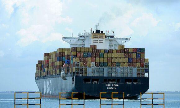 This photo, taken on September 10, 2014, shows a ship loaded with containers ready for departure at the new Chinese-majority owned Colombo International Container Terminal (CICT) in Colombo. (Lakruwan Wanniarachchi/AFP via Getty Images)