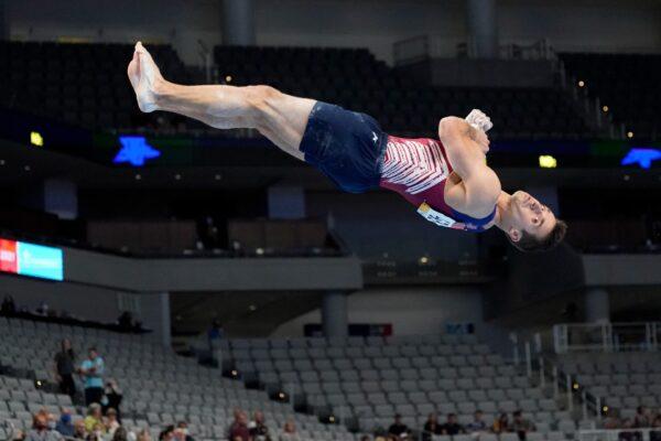 Sam Mikulak competes in the floor exercise during the U.S. Gymnastics Championships, in Fort Worth, Texas, on June 5, 2021. (Tony Gutierrez/AP Photo)