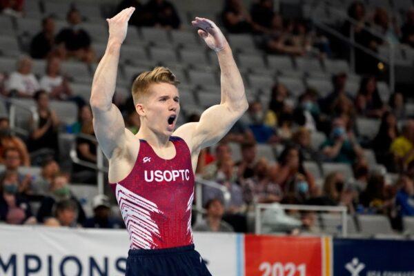Shane Wiskus celebrates after competing in the floor exercise during the U.S. Gymnastics Championships, in Fort Worth, Texas, on June 5, 2021. (Tony Gutierrez/AP Photo)