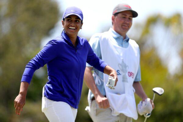 Megha Ganne smiles towards the crowd after putting on the second green during the third round of the U.S. Women's Open golf tournament at The Olympic Club, in San Francisco, Calif., on June 5, 2021. (Jed Jacobsohn/AP Photo)