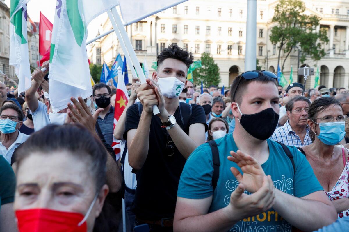 Demonstrators protest against the planned Chinese Fudan University campus in Budapest, Hungary, on June 5, 2021. (Bernadett Szabo/Reuters)