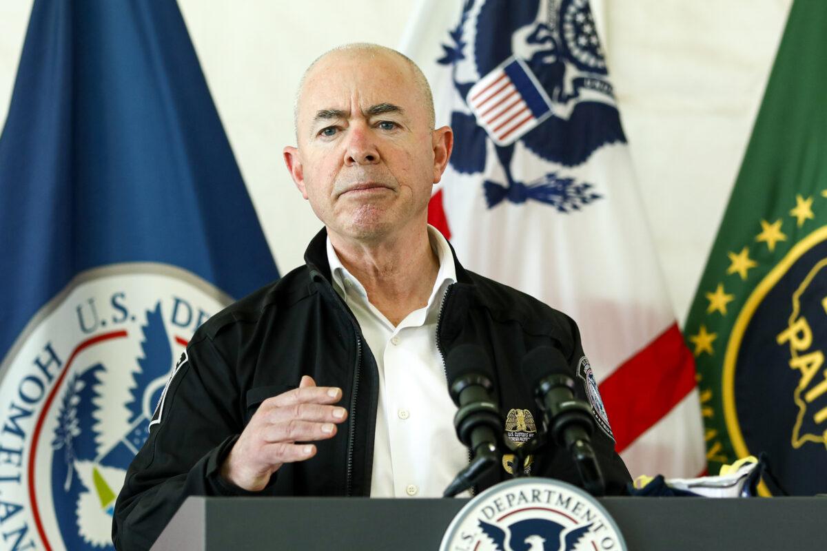 Homeland Security Secretary Alejandro Mayorkas is seen at a Customs and Border Protection processing facility in Donna, Texas, on May 7, 2021. (Charlotte Cuthbertson/The Epoch Times)