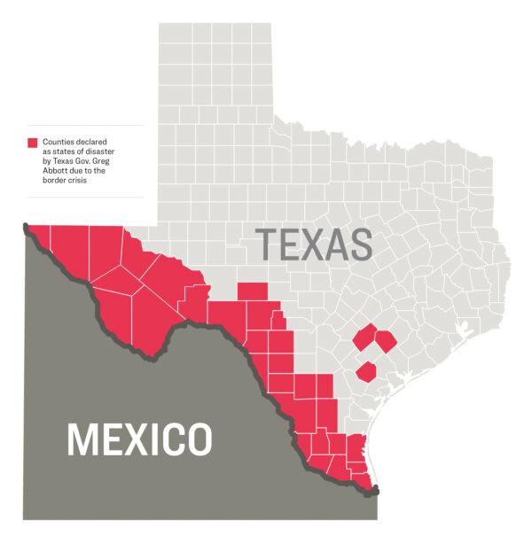 Counties declared to be in states of disaster by Texas Gov. Greg Abbott due to border crisis. (The Epoch Times)