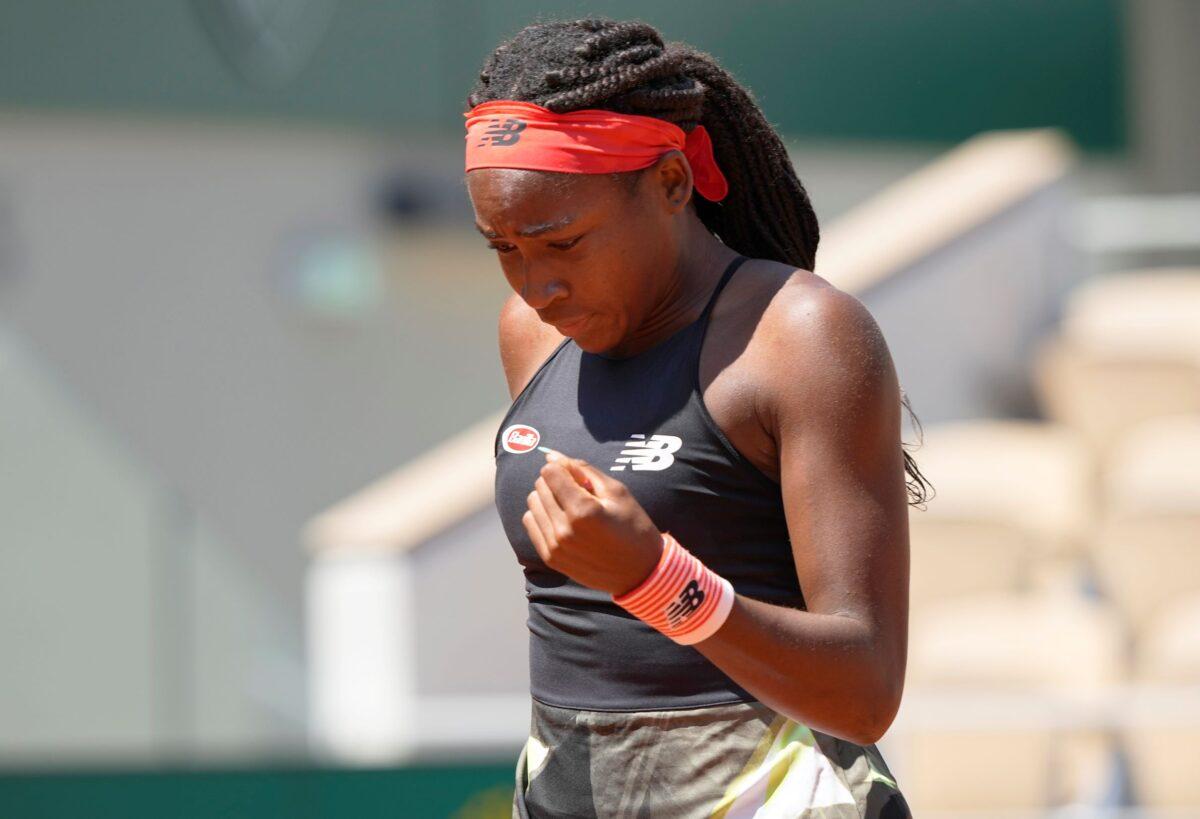 The United States' Coco Gauff celebrates after winning a point against Tunisia's Ons Jabeur during their fourth-round match on day 9, of the French Open tennis tournament at Roland Garros in Paris, France, on June 7, 2021. (Michel Euler/AP Photo)