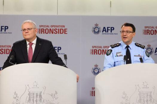 Prime Minister Scott Morrison and AFP Commissioner Reece Kershaw speak to the media in Sydney, Australia, on June 8, 2021. (Mark Evans/Getty Images)