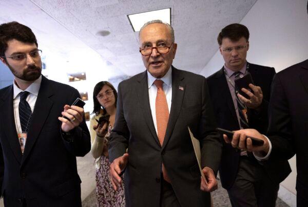 Senate Majority Leader Charles Schumer (D-N.Y.) leaves a press conference following a Senate Democratic luncheon on Capitol Hill in Washington on June 8, 2021. (Kevin Dietsch/Getty Images)