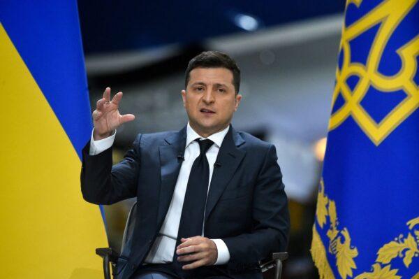 Ukrainian President Volodymyr Zelensky holds a press conference at the Antonov aircraft manufacturing plant in Kyiv, Ukraine, on May 20, 2021. (Sergei Supinsky/AFP via Getty Images)