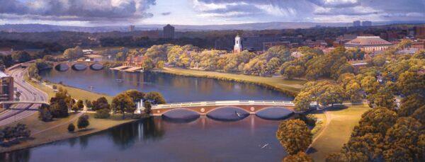 “The Weeks Bridge, Charles River, Cambridge,” 1998, by Joel Babb. Oil on linen; 37 inches by 97 inches. (Courtesy of Joel Babb)