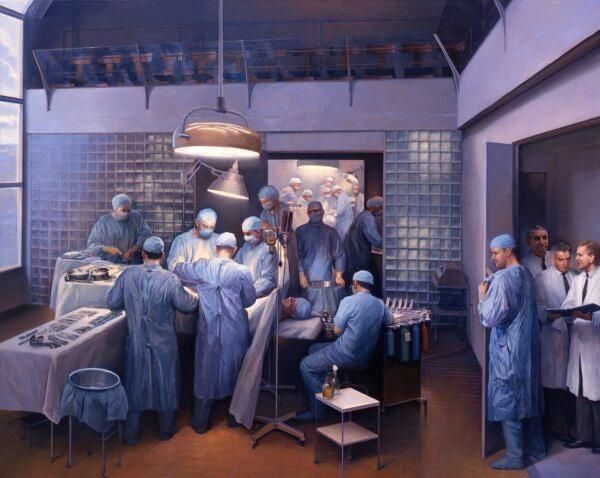 “The First Successful Organ Transplantation in Man,” 1995–1996, by Joel Babb. Oil on linen; 70 inches by 88 inches. The Francis A. Countway Library of Medicine at Harvard Medical School, Boston. (Courtesy of Joel Babb)
