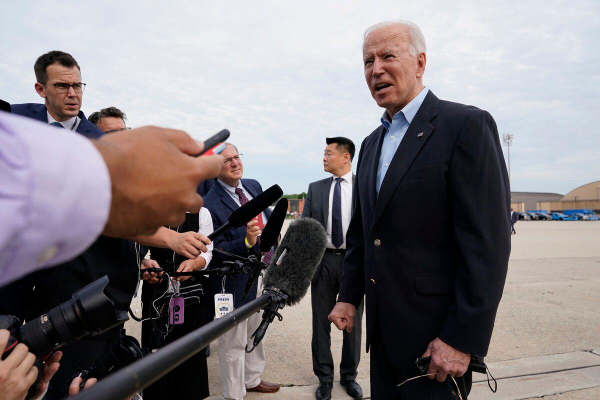 President Joe Biden speaks to reporters before boarding Air Force One at Andrews Air Force Base, Md., on June 9, 2021. (Patrick Semansky/AP Photo)
