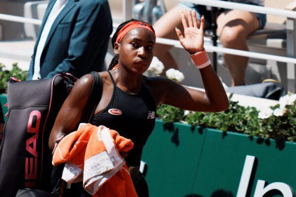 United States's Coco Gauff leaves the court after losing to Czech Republic's Barbora Krejcikova in their quarterfinal match of the French Open tennis tournament at the Roland Garros stadium in Paris on June 9, 2021. (Thibault Camus/AP Photo)