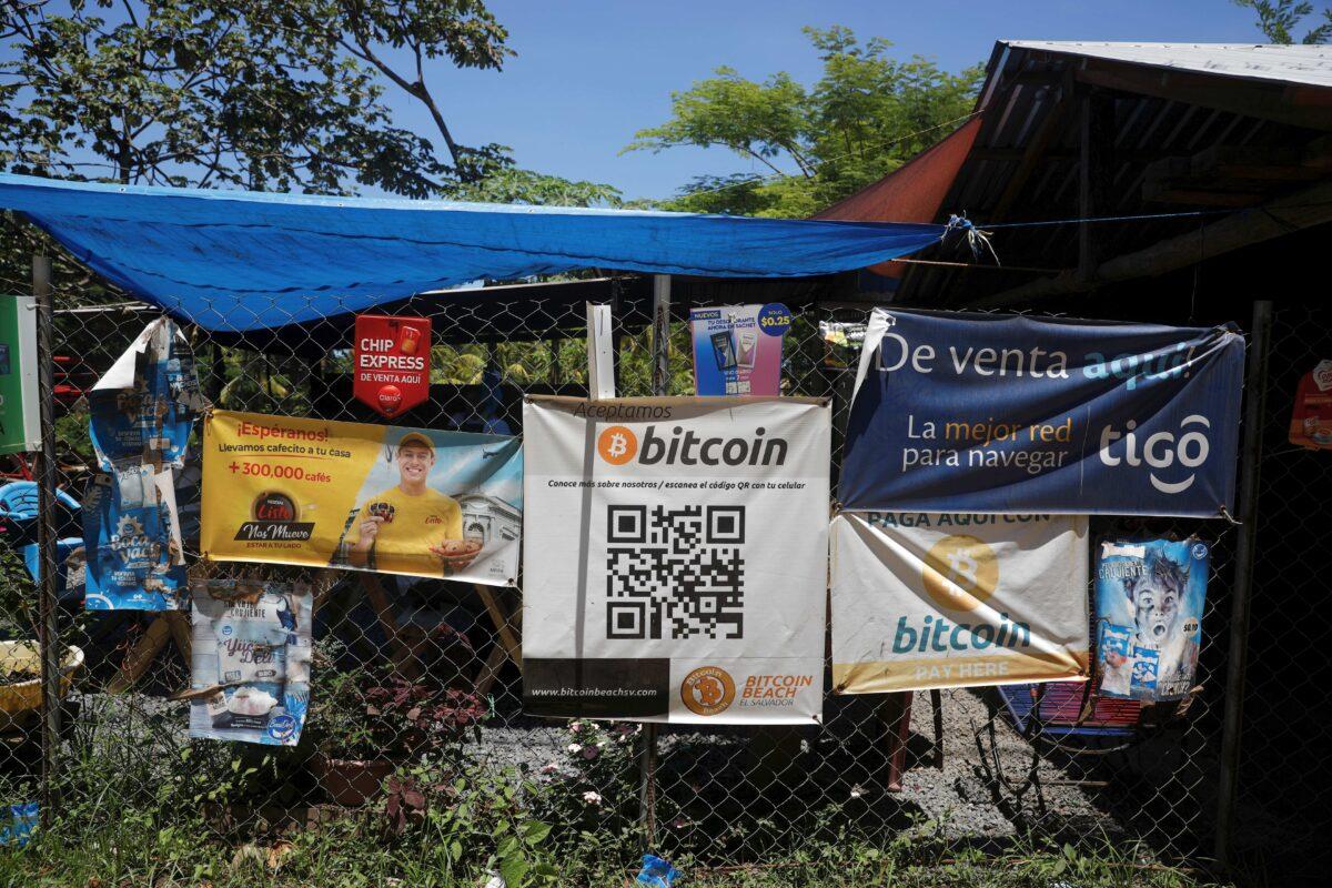 Bitcoin banners are seen outside of a small restaurant at El Zonte Beach in Chiltiupan, El Salvador, on June 8, 2021. (Jose Cabezas/File Photo/Reuters)