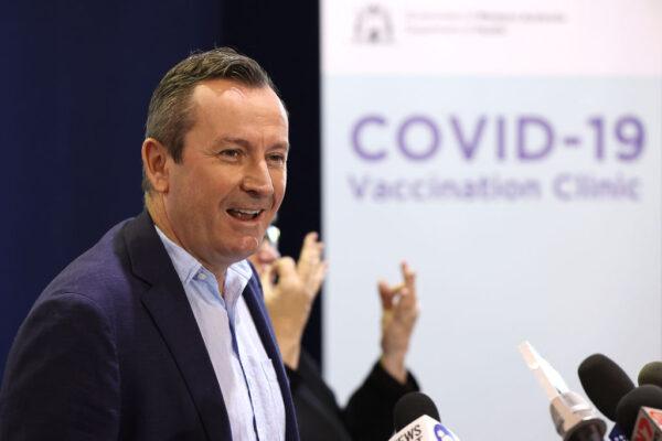 West Australian Premier Mark McGowan addresses the media at the Covid-19 Vaccination Clinic at Claremont Showground in Perth, Australia, on May 3, 2021. (Paul Kane/Getty Images)