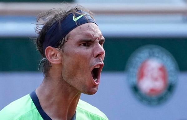 Spain's Rafael Nadal shouts as he plays Argentina's Diego Schwartzman during their quarterfinal match of the French Open tennis tournament at the Roland Garros stadium in Paris, France, on June 9, 2021. (Michel Euler/AP Photo)