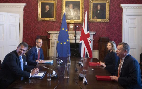 Brexit minister Lord Frost (right, next to Penny Mordaunt), sitting opposite Maros Sefcovic and Richard Szostak, during trade negotiations on June 9, 2021. (Eddie Mulholland/Daily Telegraph/PA)