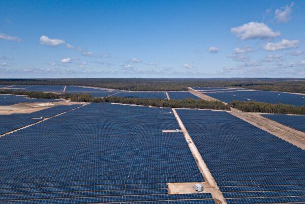 An aerial view of the Darling Downs solar farm near Dalby, Queensland, Australia, on Feb. 11, 2020. (AAP Image/APA)