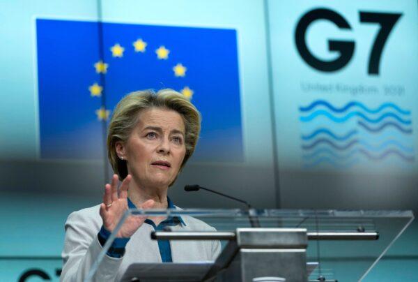 European Commission President Ursula von der Leyen speaks during a joint press conference with European Council President ahead of the G7 summit, at the EU headquarters in Brussel on June 10, 2021. (Francisco Seco /Pool/AFP via Getty Images)