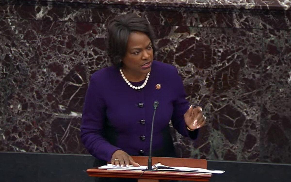 In this screengrab taken from a Senate Television webcast, House manager Rep. Val Demings (D-Fla.) speaks during impeachment proceedings against then-President Donald Trump in the Senate at the U.S. Capitol in Washington on Feb. 3, 2020. (Senate Television via Getty Images)