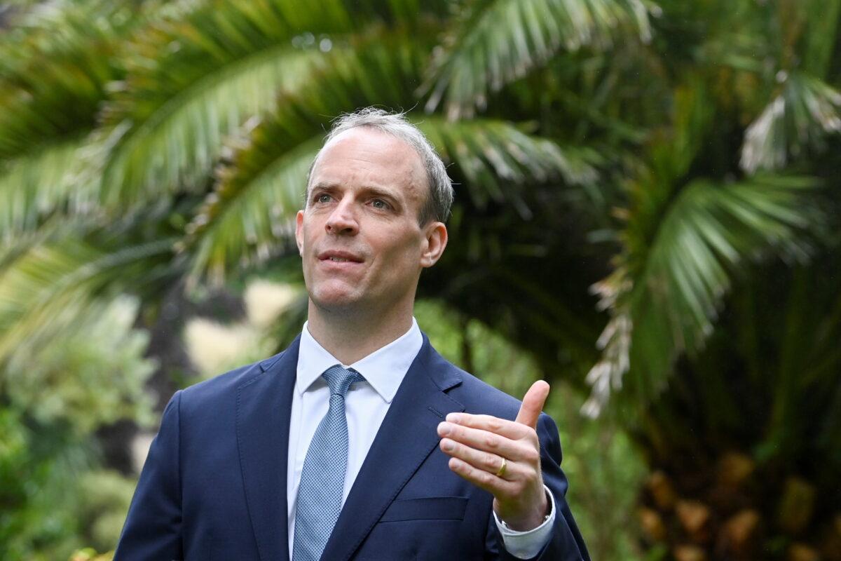 Britain's Foreign Secretary Dominic Raab gestures during an interview with Reuters on the sidelines of G7 summit in Carbis Bay, Cornwall, Britain, on June 11, 2021. (Toby Melville/Reuters)