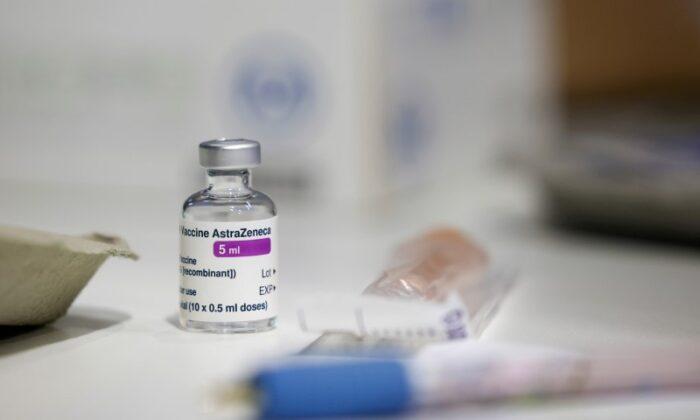 A vial of AstraZeneca coronavirus vaccine is seen at a vaccination center in Westfield Stratford City shopping center, amid the outbreak of COVID-19 disease in London, Britain, on Feb. 18, 2021. (Henry Nicholls/Reuters)