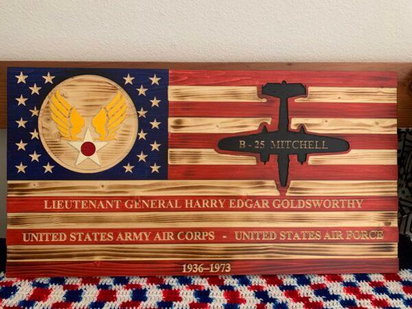 A plaque in Harry E. Goldsworthy’s home recognizing his service in the Air Force, in Riverside, Calif., on June 3, 2021. (Linda Jiang/The Epoch Times)